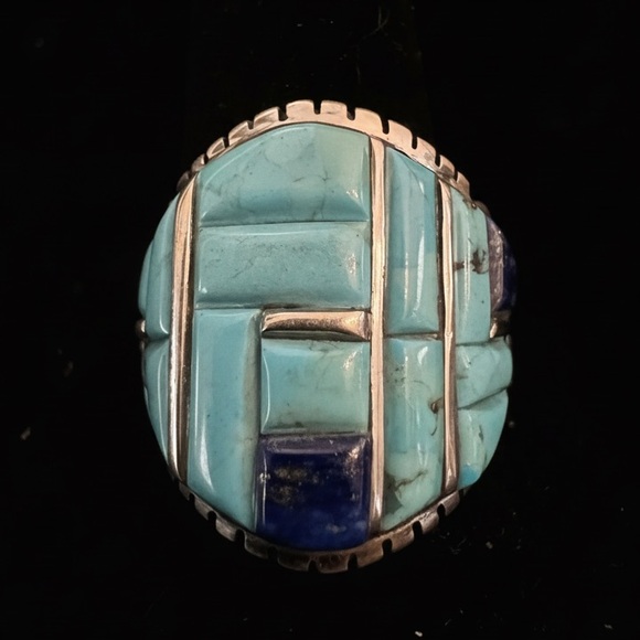 Jewelry - Turquoise & Lapis Inlay Statement Ring sterling Silver setting native design